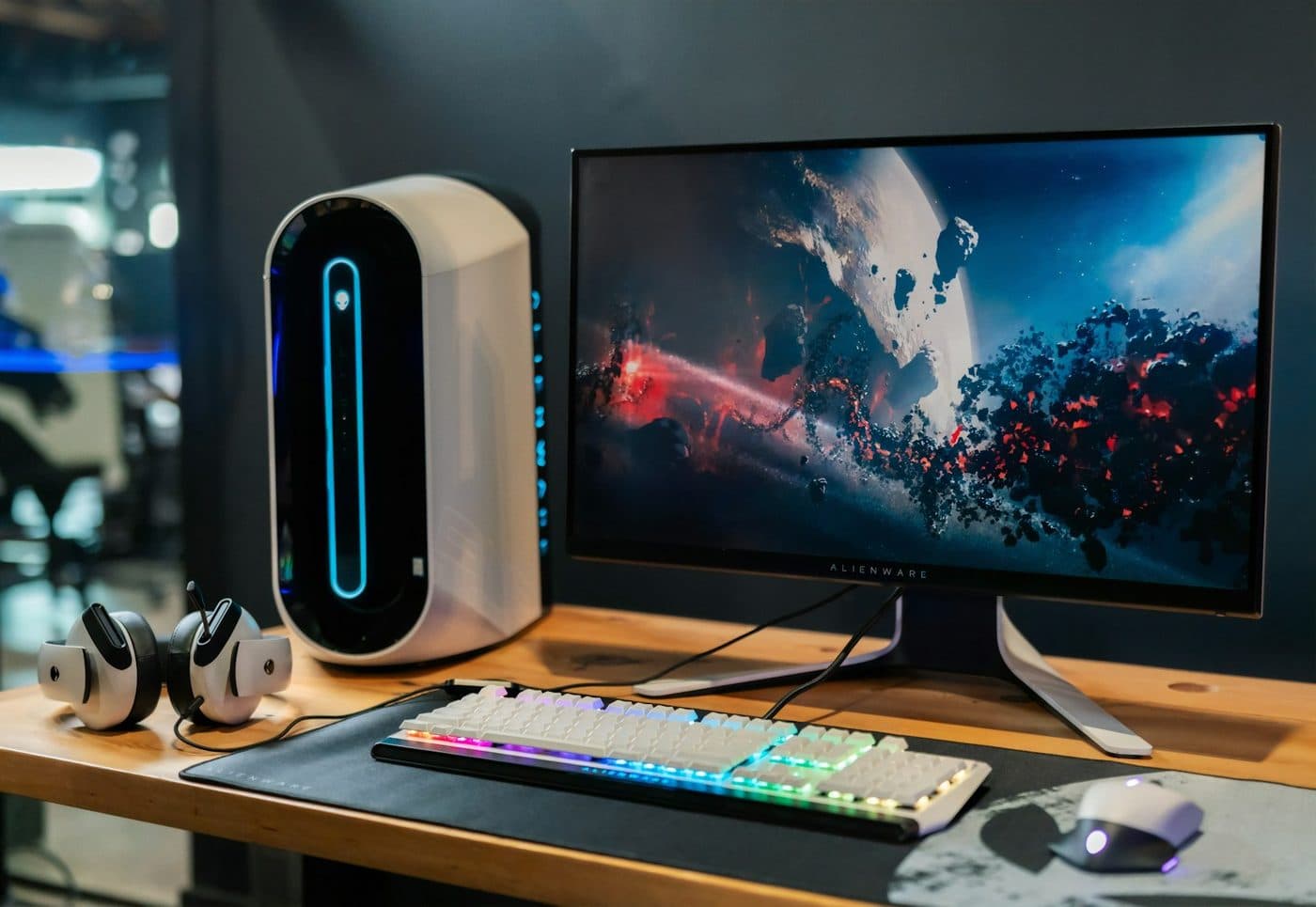 Single monitor and keyboard arranged on a wooden desk
