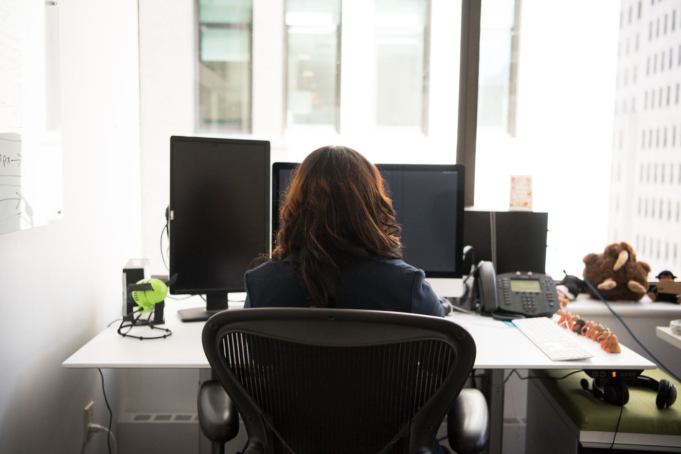 Woman sitting at a dual-monitor desktop workstation in a bright office, viewed from behind